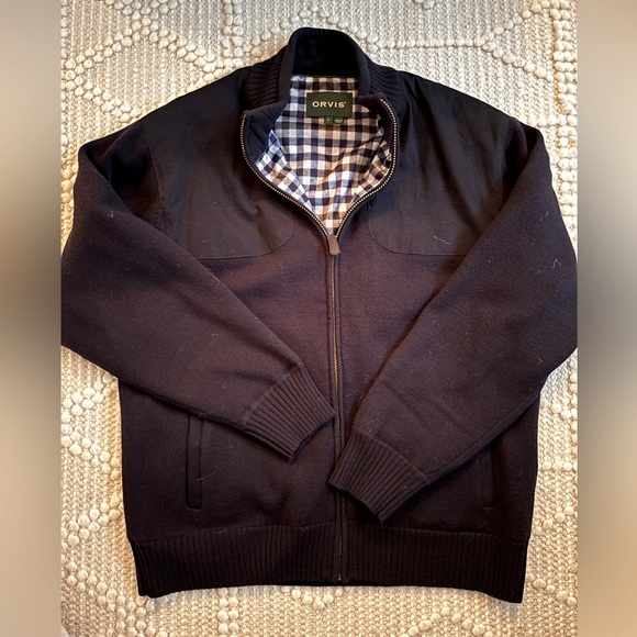 Like new men’s large Orvis Ultimate Foul Weather Sweater navy w gingham lining. - Picture 1 of 3